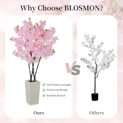 BLOSMON Cherry Blossom Tree for Porch: 5ft Pink Fake Flowers Artificial Tree with Tall Planter for Outdoor Decorations - Faux Sakura Plants for Indoor Home Living Room - color: Pink Cherry Blossom