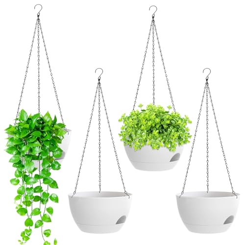 8 Inch Hanging Planters for Indoor Outdoor Plants, 4 Pack White Plastic Self Watering Hanging Baskets with Drainage Holes and Chain for Garden Porch - color: White