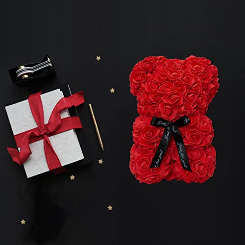 DuHouse Rose Bear Rose Teddy Bear Flower Gift Black Box for Valentines Gifts Anniversary Christmas,Birthdays Bridal Showers -Fully Handmade 10 inch Flower Bear Clear Gift Box(Red) - color: Red