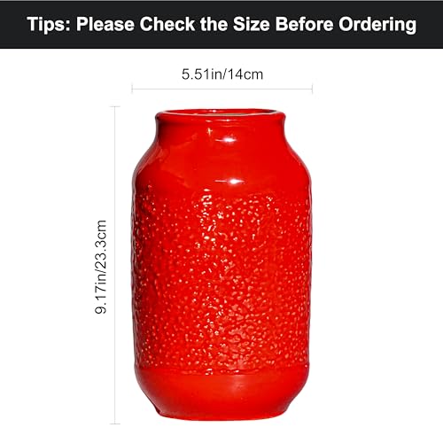 Red Ceramic Vase for Home Decor - 9 Inch Boho Modern Flower Vase for Pampas Grass, Pottery Decorative Vases for Centerpiece, Living Room, Mantle, Bookshelf, Table Decor - color: Red