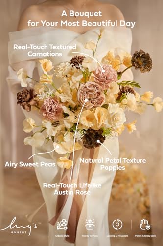Ling's moment Wedding Bouquets for Bride, Earth Brown & Butter Yellow Bridal Bouquets for Bride, 13 Inch Free Form Artificial Wedding Flower Bouquet for Rustic Wedding Ceremony Anniversary - color: Brn- Earth Brown & Butter Yellow, size: Small 13 Inch