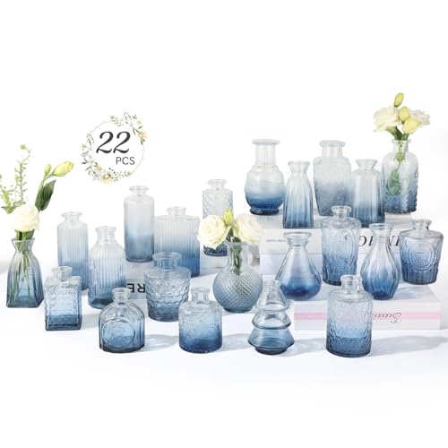 RUCKAE Glass Bud Vases Mini Flower Vase Small Vintage Vases for Centerpiece Table Wedding Decorations Home Decor Party(Gradient Blue 22 Pack) - style: Gradient Blue 22 Pack