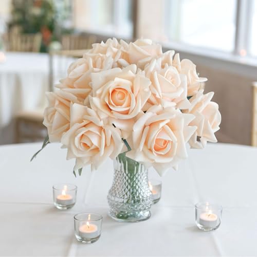 JINWOE 10pcs Cream Real Touch Roses Flowers, Lifelike Full Bridal Bouquet Artificial Flowers for Flower Arrangement Home Party Spring Wedding Decoration - color: Cream