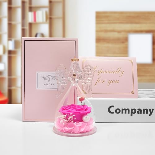 Miofula Gifts for Mom Birthday Gifts for Women, Preserved Flowers Rose in Glass Angel Figurines, Fresh Flowers for Delivery Anniversary Forever Real Roses Gifts for Mothers Grandma Her Wife Girlfriend - color: Radiant Pink