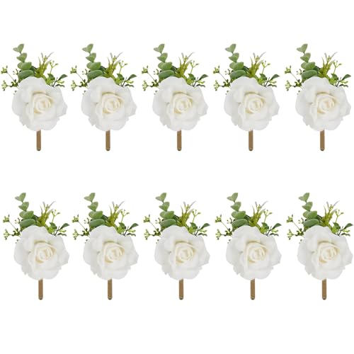 Ivory Rose Boutonniere for Men,Set of 10,Groom and Best Man Boutonnieres with Artificial Flower,for Wedding Ceremony Anniversary, Formal Dinner Party, Fall Vintage Rustic Marriage Prom - color: White Boutonniere-10pcs