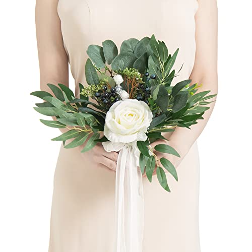 Ling's moment Artificial Flowers White Bridesmaid Bouquet, White and Sage Wedding Flowers Bouquets for Bridesmaids, 7 Inch Bridal Bouquets for Bridesmaids, Wedding, Ceremony, Anniversary, etc - color: Wht-white