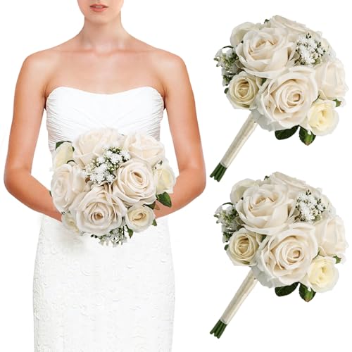 Wedding Bridesmaid Bouquets Set of 2, Artificial Silk Flowers Arrangement for Ceremony Marriage Proposal Party Anniversary Decorations - Champagne - color: Champagne, size: Set of 2 Bouquets