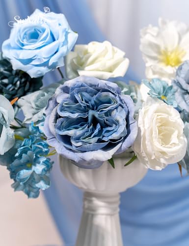 Light Blue Flowers Artificial Roses Combo Set Fake Blue Silk Flowers Faux Peony Flowers Mix Hydrangea Dahlia with Stems for Wedding Bouquets Baby Bridal Shower Party Floral Arrangements Decor - color: Blue, size: The Modern Classic