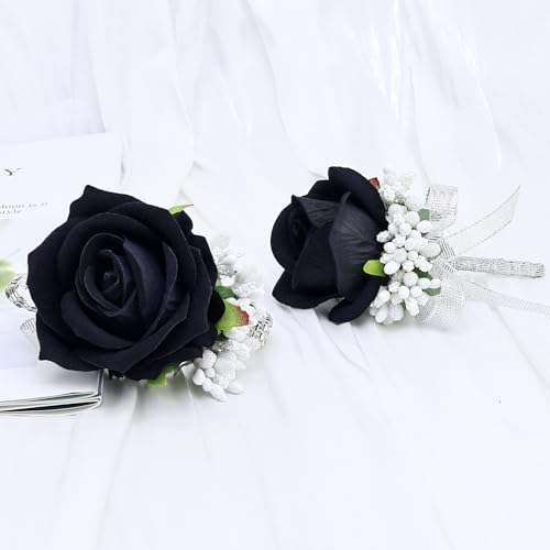 2Pcs Rose Black Corsage and Boutonniere Set, Artificial Wrist Corsage Wristlet Bracelets, Men Boutonniere for Wedding Anniversary Party Homecoming Flowers Accessories Prom Decor - color: Navy Blue