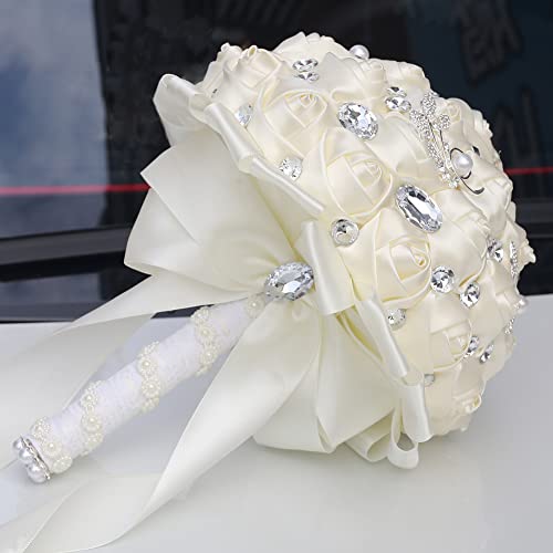 Sharebeauty 5.9 Inch Handmade Satin Rose Bridal Bouquet Toss Round Wedding Bouquet Throw Toss Artificial Flower Bunch Ivory - color: W288j Ivory, size: 5.9"/15cm