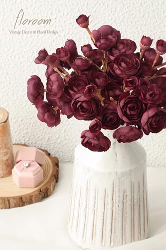 Floroom Ranunculus Artificial Flowers 18 Pcs Burgundy Faux Silk Mini Ranunculus Bulk Fake Wedding Filler Flowers for DIY Red Bouquets, Centerpieces, Bridal Shower Decorations & Arrangements - color: Burgundy