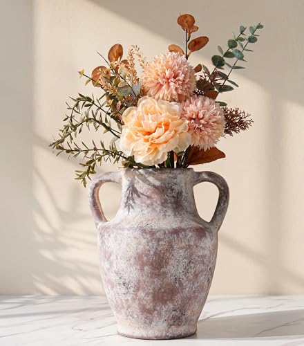 Ceramic Flower Vase with Handles, 8.66 inch Tall Clay Decorative Vases Farmhouse Rustic Vases Pottery Vases for Home Decor Living Room Table Centerpiece Bookshelf Coffee Desk Fireplace, Terracotta - color: 8.66 in - Terracotta