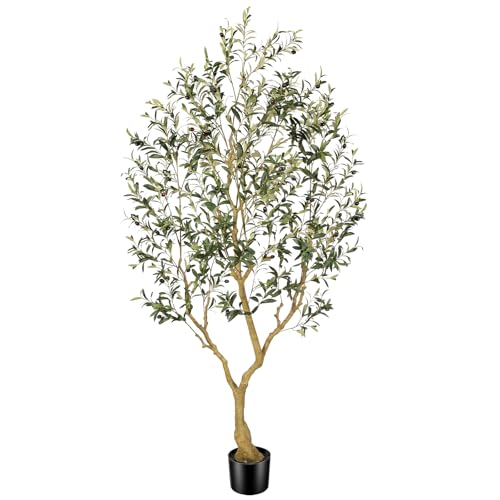 Olive Trees Artificial Indoor, 7FT Faux Olive Tree with Lifelike Branches and Realistic Olives, Large Fake Tree for Home House Office Living Room Decor - size: 7ft