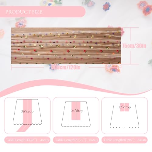2PC Pink Embroidery Daisy Table Runner 10ft 120 Inch Fall Florals Gauze Tulle Sheer Cheesecloth Holiday Kitchen Dining Table Decoration for Home Wedding Party Baby Shower Birthday Indoor Decorations - color: Pink, size: 10ft x 2Pack