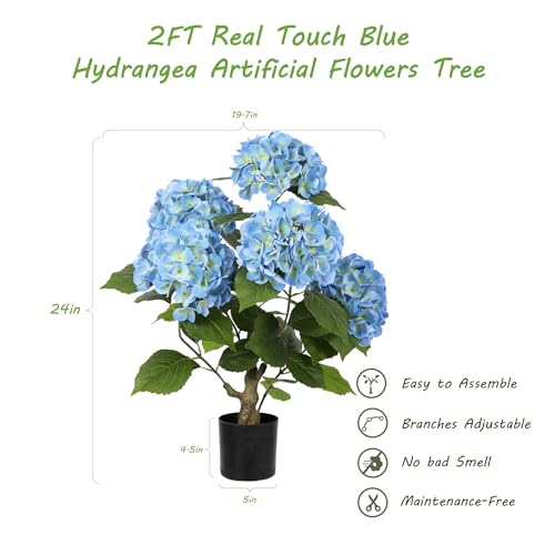 Nafresh 2FT Real Touch Faux Hydrangea Tree Outdoor, 2 Pack Blue Hydrangea Tree Artificial with Vibrant Blooms, Faux Hydrangea Potted Plant for Indoor Outdoor Home Front Porch Pation Decor - color: Blue, size: 2ft