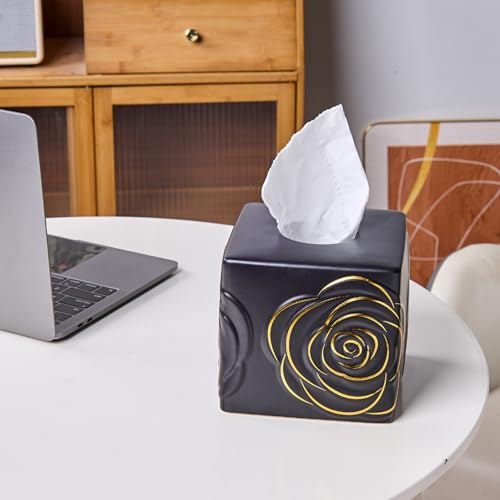 Black Ceramic Cube Tissue Box Cover with Gold Rose – Large Elegant Rose Floral Square Decorative Tissue Box Holder for Bathroom, Bedroom, Office Desk, Kitchen Counter – Perfect Housewarming Gift - color: Black&gold