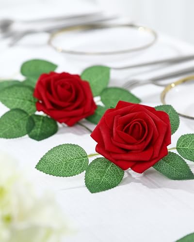 DuHouse 100Pcs Artificial Roses Flowers Fake Roses with Stems Real Touch Foam Flowers for DIY Wedding Bouquet Party Centerpiece Floral Arrangement Party Home Decor(Dark Red) - color: Dark Red, size: 100pcs