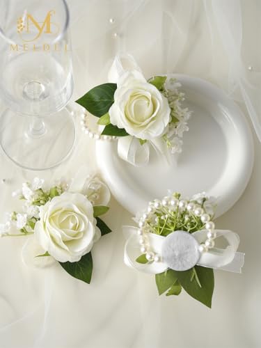 6Pcs Ivory White Faux Rose Wrist Corsages for Wedding, Dance Party | Mother of Bride & Groom, Bride Bridesmaids Pearl Wrist flowers for Wedding Prom Homecoming Party - color: White Wrist Corsage 6pcs