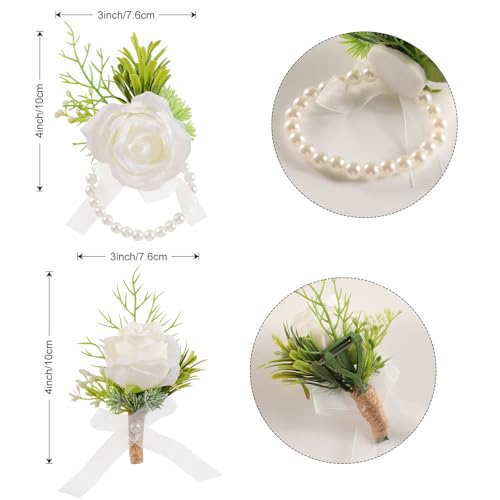 Garisey 2pcs Wedding White Rose Wrist Flowers Artificial Rose Flowers for Ceremony Prom Party Accessories (2 Wrist Corsage White) - color: 2 Wrist Corsage White