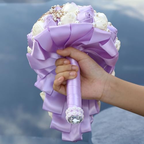 Handmade Satin Rose Water Drop Bridal Bouquet,8.7inch Crystal Wedding Round Tossing Bouquet,Jewelry Proposal Bridesmaid Bouquet Groom Corsage Bride Wrist Flower Ivory (Light Purple&Ivory) - color: Light Purple&ivory