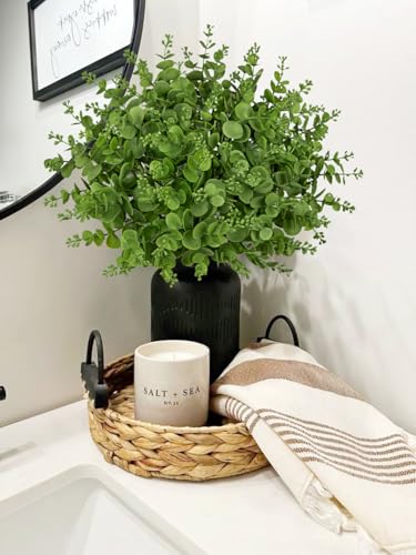 GnFlus Artificial 5Pcs Faux Eucalyptus Leaves Stems Fake Plants Sharp UV Resistant Faux Plastic Boxwood for Wedding Kitchen Office Garden Porch Farmhouse Window Box Home Decor - color: Green Eucalyptus