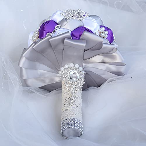 Sharebeauty 7.9 Inch Handmade Satin Rose Bridal Bouquet Toss Round Wedding Bouquet Throw Toss Artificial Flower Bunch Silver + Purple + White - color: W3217d07 Silver/Purple/White