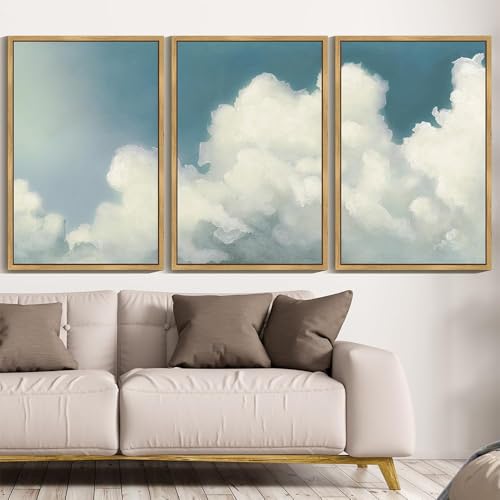 SHENIFY Vintage Framed Wall Art Cloud in Sky Landscape Scenery Rustic Home Decor Retro Decorations for Farmhouse Hallway Bedroom Ready to Hang Wall Artwork - 24x36in3pcs Natural Framed - color: Natural, size: 36L" x 24W" x 3PCS