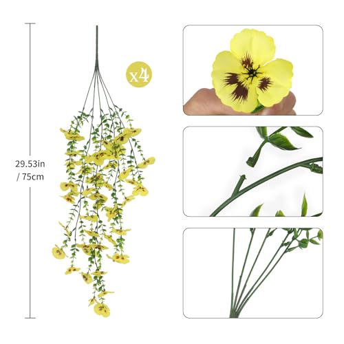 Yellow Artificial Hanging Flowers for Outdoors, 4 PCS 29.5in UV Resistant Faux Outdoor Hanging Plants Pansy Flowers Fake Cascading Floral Vines for Porch Patio Balcony Pergola - color: Yellow