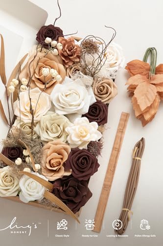 Ling's moment Fake Flowers Box, Faux Artificial Greenery Stems Foam Roses Gardenia Silk Willow Fabic Flower for Centerpieces Bouquet Wedding Vase Decorations, Sand Beige & Walnut Brown, Deluxe Combo - color: Beg-sand Beige & Walnut Brown, size: Deluxe