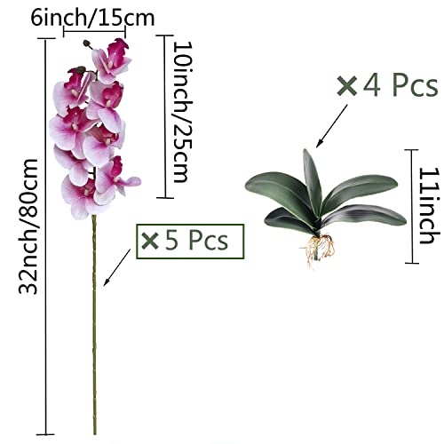 HinyoCo 5 Pcs Artificial Orchid Flowers and 4 Bundles Leaves, Artificial Phalaenopsis Flowers 32 Inch Stem Plants for Home Wedding Decoration (White Flower Purple Core) - color: White Flower Purple Core