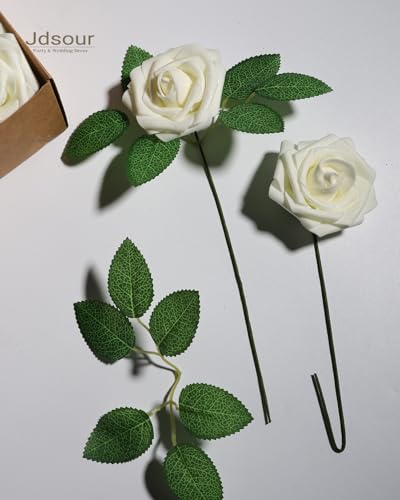 50pcs Artificial Flower，Real Touch Foam Roses w/Stem DIY for Wedding Bouquet Centerpieces Party Shower Home Decor-Ivory - color: Ivory