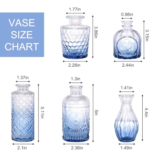 5pcs Blue Glass Bud Vase Set, Small Flower Vases for Centerpieces in Bulk, Mini Vintage Vase for Home, Wedding, Table Decor - color: Blue, size: 5pcs