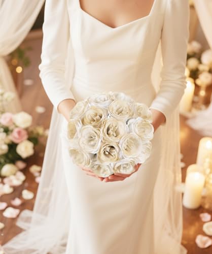 Glitter Roses Bouquet,30PCS Glitter Flowers Fake Roses Artificial Flowers with Stems for Wedding Party Christmas Valentine's Day Home Decor (Gradient Champagne - color: Gradient Champagne