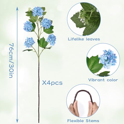 DEMIUKO 4PCS Artificial Hydrangea Flowers 30 Inch Fake Silk Hydrangea Flower with 20 Real Touch Blooms Realistic Faux Hydrangeas Decorations for Wedding Table Centerpieces Vase Home Decor - color: Blue