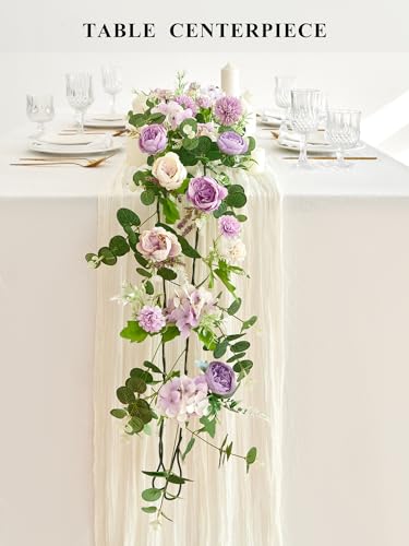 MISSPIN 5.9Ft Eucalyptus Garland with Flowers, Artificial Fake Flower Greenery Spring Garland for Baby Shower Wedding Mantle Table Centerpiece Spring Decor - color: Purple
