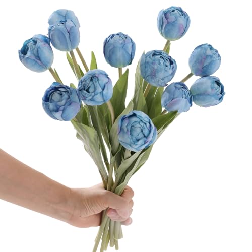 12 Pcs 15 Inch Vintage Blue Silk Faux Tulips for Home Office Decor | Realistic Silk Tulips Artificial Flowers, Multilayer Petals, for Home Office, Floral Arrangements, Table Centerpieces - color: Vintage Blue