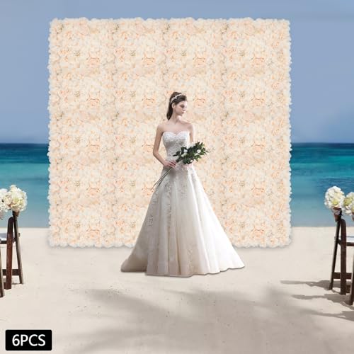 3D Artificial Flower Wall Panels 6 Pack 23.62'' x 15.74'' Silk & Plastic Flower Backdrop, Handmade with Champagne Roses/Hydrangeas/Dahlias, Decor for Wedding Party Home Garden Wall Decorations - color: 6pcs Champagne Rose+dahlia+hydrangea