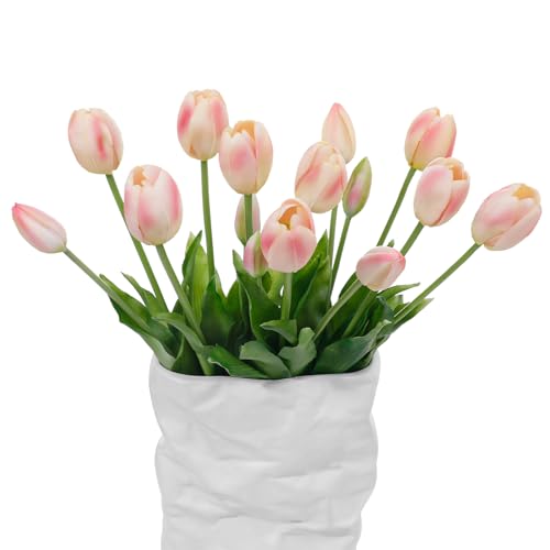 15 Pcs Meat Pink Artificial Tulips Fake Flowers, Premium Latex Lifelike Texture, UV Resistant Waterproof Faux Tulip Bouquets with Snap-on Petals for Outdoor, Home, Wedding Decor - color: Meat Pink