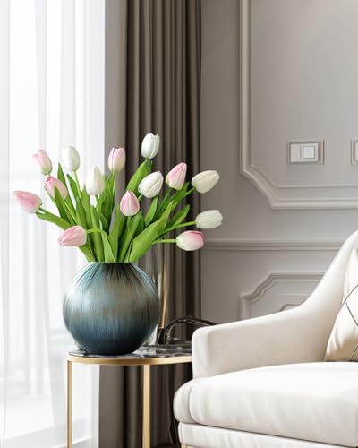 12pcs Tulips Artificial Flowers Real Touch Silk Faux Flowers Tulip Stems for Wedding Spring Bouquet Floral Arrangement Home Party Office Decorations (White & Pink) - color: White & Pink