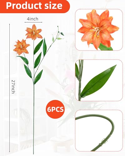 DuHouse 6 Pcs Artificial Lily Flowers, Fake Lilies Silk Flower for Table Vase DIY Wedding Bouquets Party & Home Decor(Orange) - color: Orange