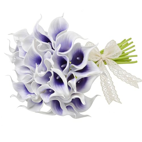 Calla Lily Bridal Wedding Festival Decor Bouquet Real Touch Latex Flower Bouquet Pack of 20 (Purple-White) - color: Purple-white