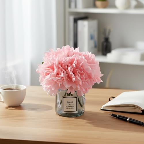 Artificial Pink Peony Flowers in Vase,Wedding Table Centerpiece Home Decor | Realistic Silk Faux Peonies with Small Glass Vase, Fake Flower Table Centerpiece for Bedroom Cafe Wedding Indoor Decoration - color: Pink Peony