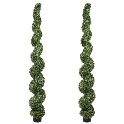 7ft Tall Artificial Spiral Topiary Trees Outdoor Set of 2, Faux Boxwood Plants for Front Porch & Indoor Home Decor, UV-Resistant 7 Foot Large Fake Plants for Patio, Garden, Entryway Decor - color: Light Green, size: 7ft