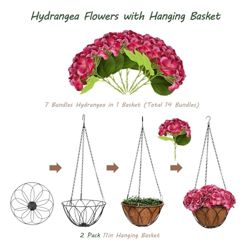 Bellacat Real Touch Faux Hydrangea Flowers with 11" Hanging Basket, Fake Hanging Hydrangea Flowers with Realistic Flowers, Artificial Hanging Flowers for Outdoors Porch Patio Balcony (Rose Red, 2Pack) - color: Rose Red