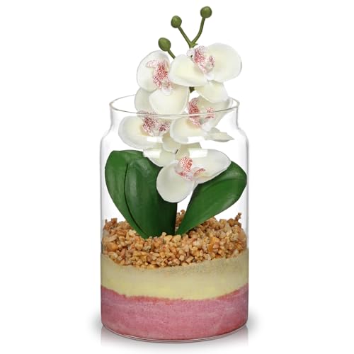 White Orchids Artificial Flowers with Vase, Small Faux Orchid Arrangement Fake Orchids Plant in Terrarium Jar Small White Orchid Centerpieces for Kitchen Dining Room Tables Bathroom Nightstand Decor - color: White +Beige &Pink Sand
