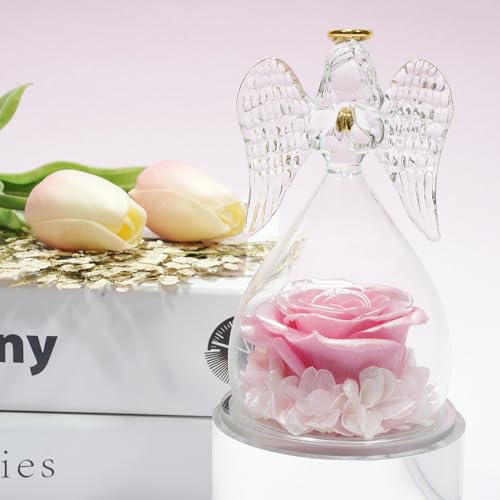 Miofula Gifts for Mom Birthday Gifts for Women, Preserved Flowers Rose in Glass Angel Figurines, Fresh Flowers for Delivery Anniversary Forever Real Roses Gifts for Mothers Grandma Her Wife Girlfriend - color: Pearlescent Pink