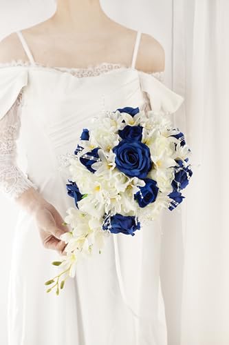 Bridal Bouquet Cascading, Royal Blue & Ivory Wedding Bouquets for Bride Bridesmaid 10" Artificial Flowers Bouquet for Wedding Decor - color: Royal Blue & Ivory