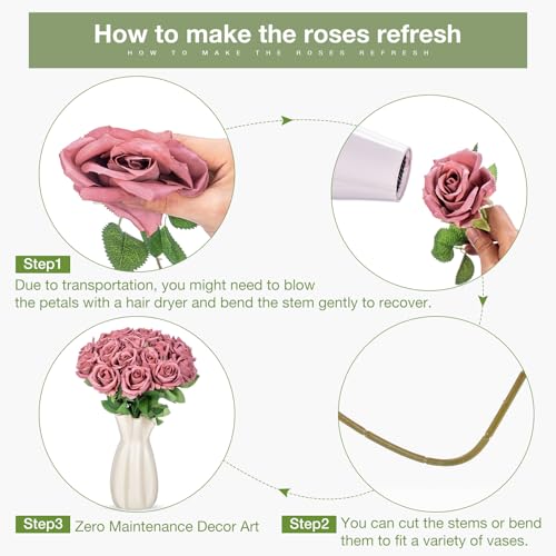 Thiccywoov 30 Pcs Rose Artificial Flowers in Bulk Lifelike Long Stem Silk Roses Bouquets Realistic Faux Flowers for Wedding Bridal Shower Home Decor Floral Arrangements Table Centerpiece(Dusty) - color: Dusty