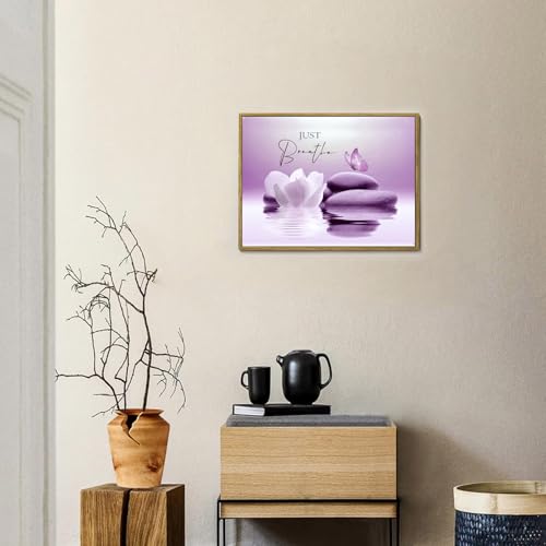 LB Modern Purple Wall Art for Bathroom Zen Spa Water Lily Flower Canvas Wall Art Wall Paintings Home Decor Nature Butterfly Wall Pictures for Living Room Bedroom Office Ready To Hang,17x12 Inch - color: Purple, size: 12"L x 17"W