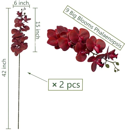 FagusHome Artificial Phalaenopsis Flowers Branches 9 Large Blooms Artificial Orchid Flowers Stem Plants 42 Inches 2 Pcs for Home Wedding Décor (Red) - color: Red